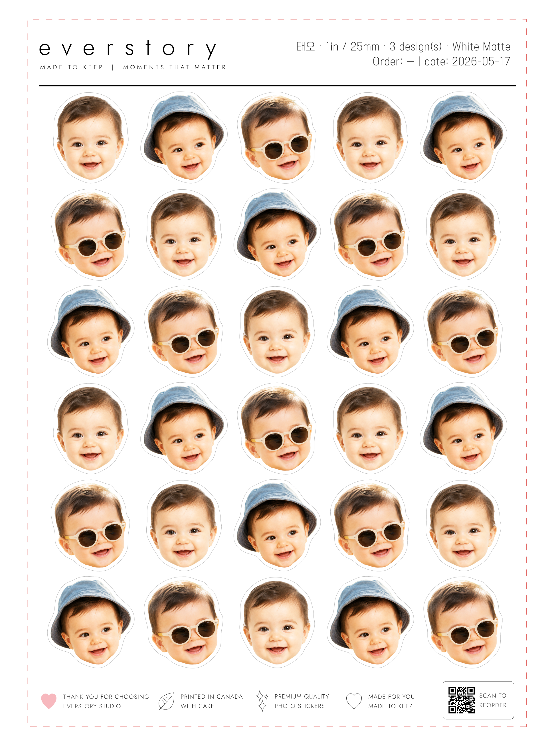 1-inch size sheet preview — 25 mm stickers, 36 per sheet