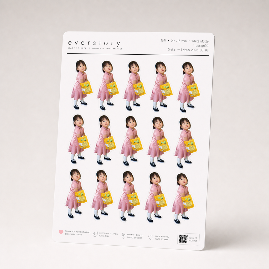 An A5 Everstory sheet of fifteen 2 inch full-body stickers, a toddler in a pink dress carrying a yellow snack pack