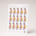An A5 Everstory sheet of fifteen 2 inch full-body stickers, a toddler in a pink dress carrying a yellow snack pack
