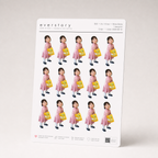 An A5 Everstory sheet of fifteen 2 inch full-body stickers, a toddler in a pink dress carrying a yellow snack pack