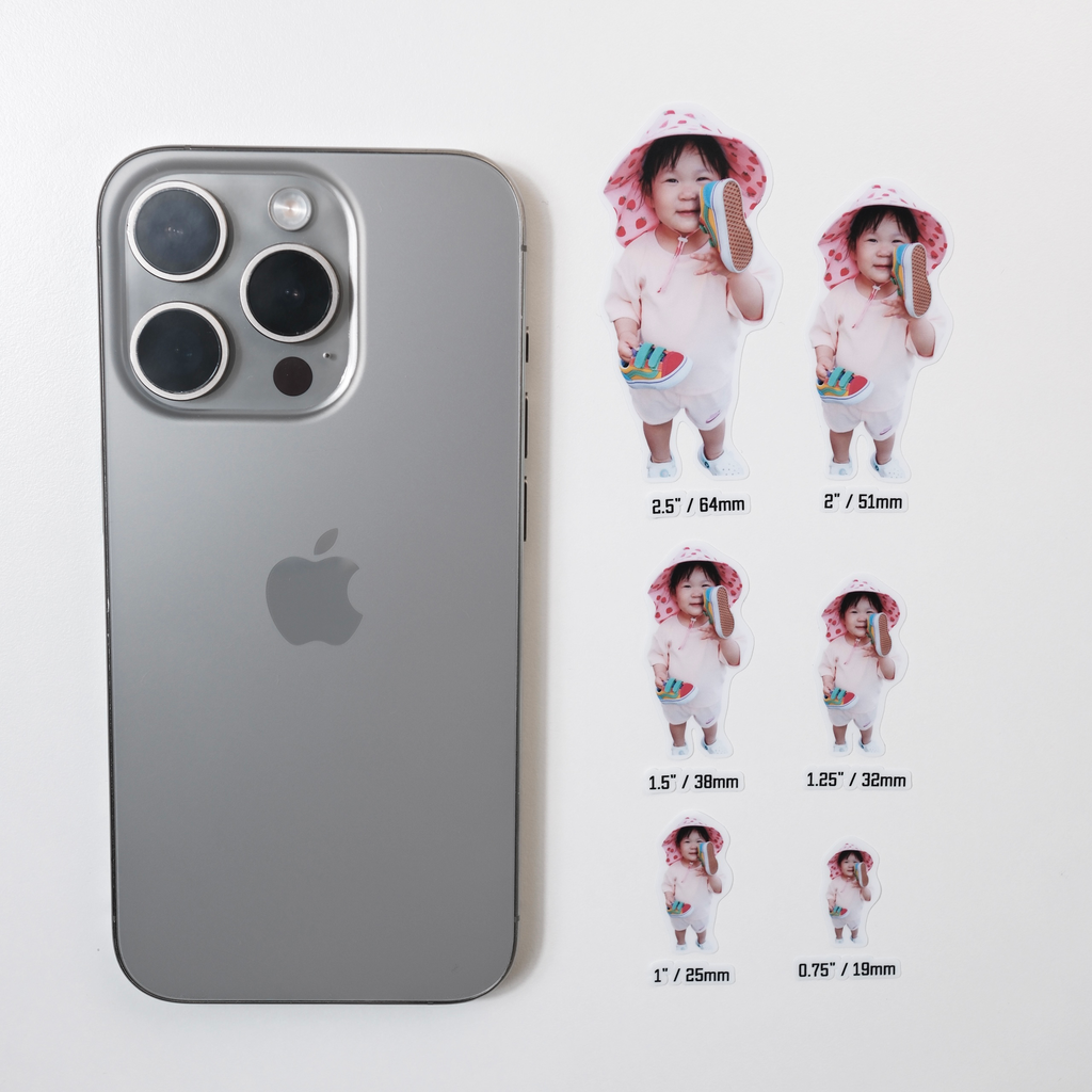 All six full-body sticker sizes, 2.5 inch down to 0.75 inch, labelled beside an iPhone for scale