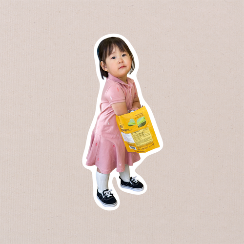 A single full-body cutout sticker of a toddler in a pink dress and black shoes, cut with a white border