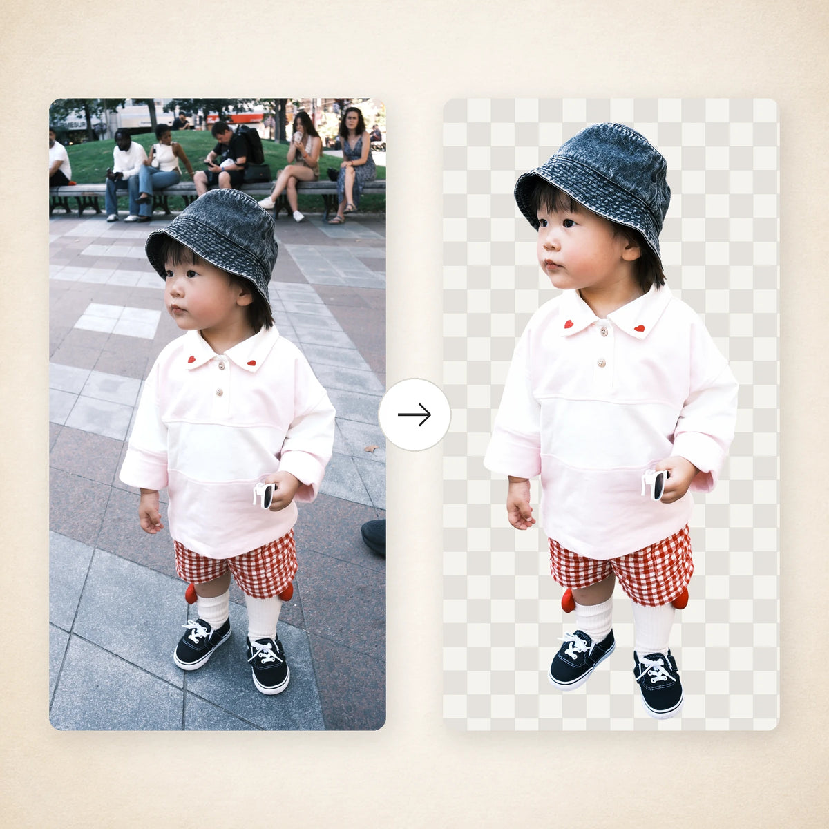 The same toddler photo shown before and after hand cut-out, side by side against a transparency checker