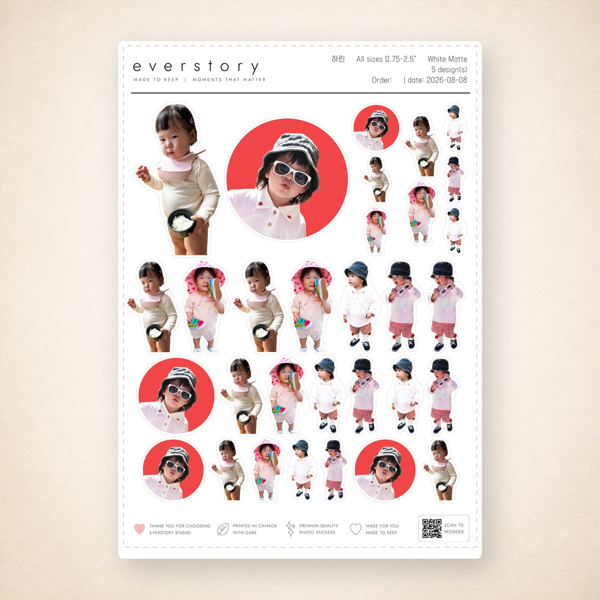 An A5 sticker sheet laid out with die-cut photo stickers in mixed sizes, showing the pink trim guide