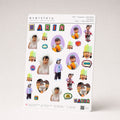 Name style: Retro — A5 sheet with HARIN in chunky retro letters, a toddler's photo stickers, retro doodles and a small joined name