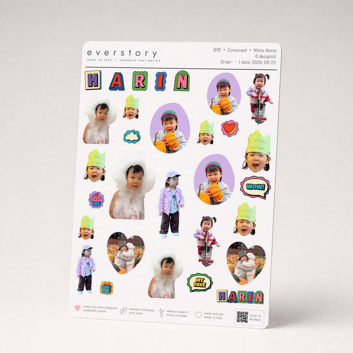 Name style: Retro — A5 sheet with HARIN in chunky retro letters, a toddler's photo stickers, retro doodles and a small joined name