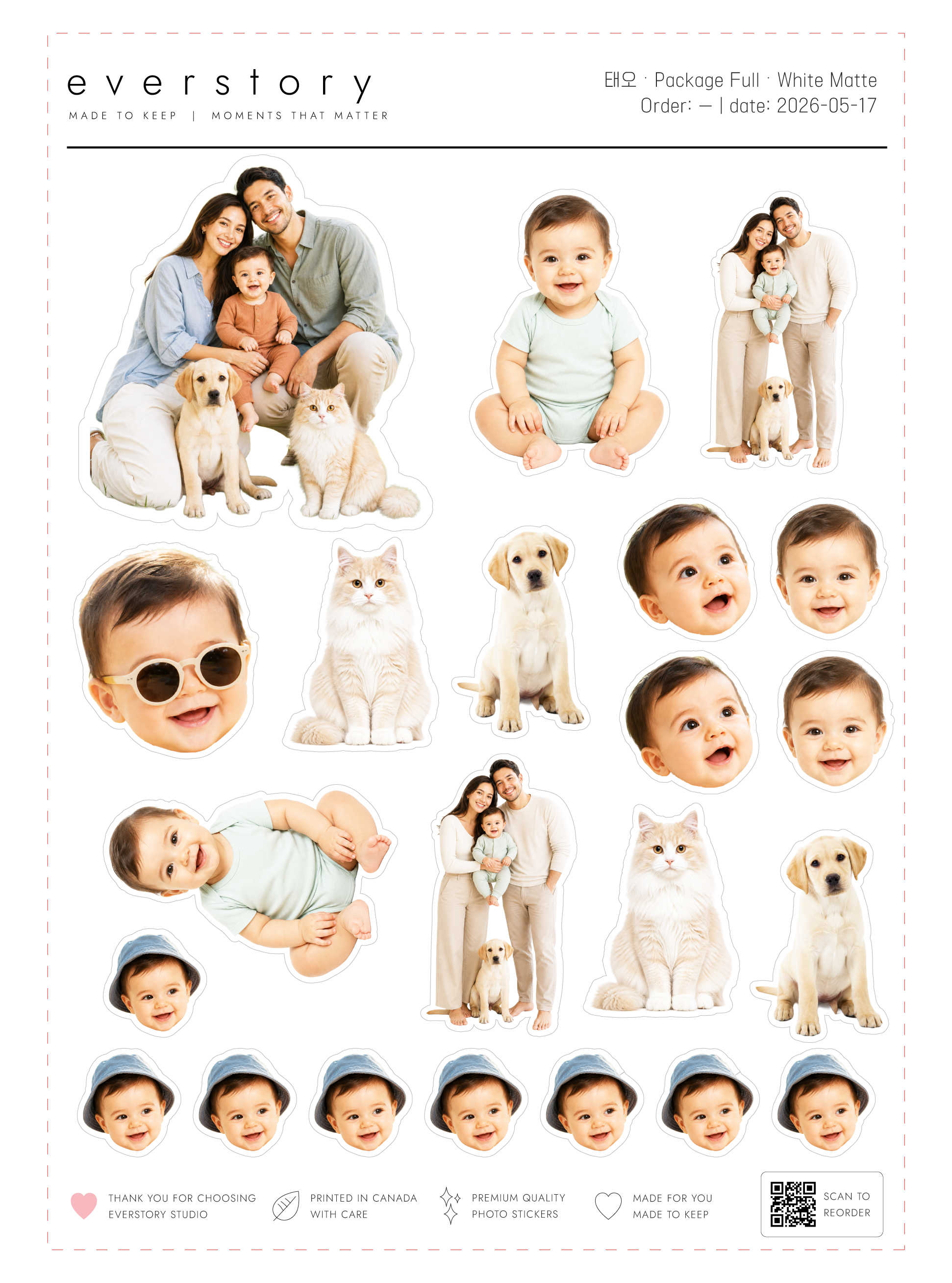 Package Full — 8 curated photos across 2 A5 sheets