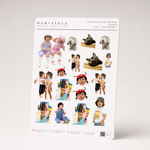 An A5 Package Full sheet standing upright, eight chosen photos of children, a dog and a cat at mixed sizes