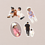 The four Package Mini designs cut out on kraft paper, including an oval portrait and a parent walking with a child