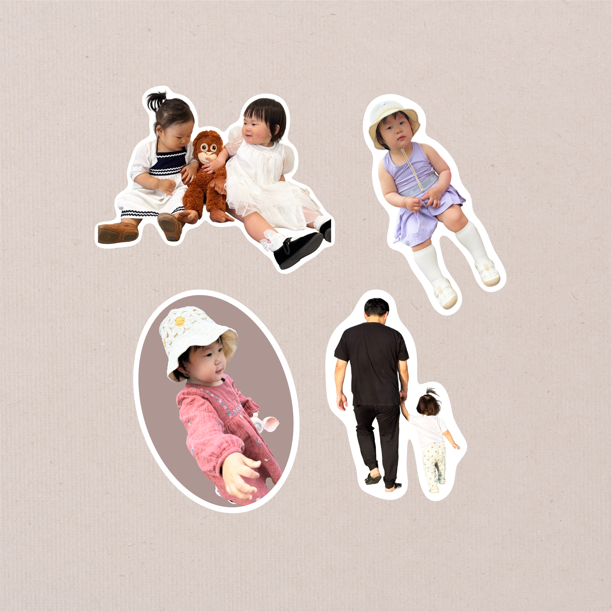 The four Package Mini designs cut out on kraft paper, including an oval portrait and a parent walking with a child
