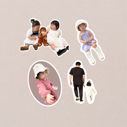The four Package Mini designs cut out on kraft paper, including an oval portrait and a parent walking with a child