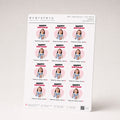 Design: Photo sticker — an A5 sheet of twelve 1.5 inch birthday stickers: a toddler's photo in a pink heart under HAPPY BIRTHDAY, with Thanks for coming – Harin along the bottom