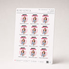 Design: Photo sticker — an A5 sheet of twelve 1.5 inch birthday stickers: a toddler's photo in a pink heart under HAPPY BIRTHDAY, with Thanks for coming – Harin along the bottom