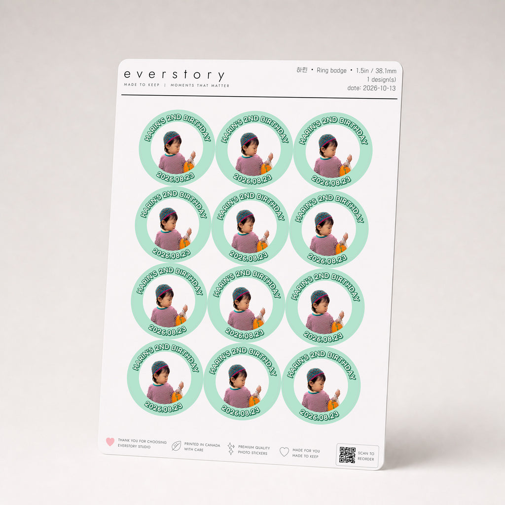 Design: Ring badge — an A5 sheet of twelve 1.5 inch round badges: a toddler's photo inside a mint ring reading HARIN'S 2ND BIRTHDAY and 2026.08.23