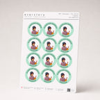 Design: Ring badge — an A5 sheet of twelve 1.5 inch round badges: a toddler's photo inside a mint ring reading HARIN'S 2ND BIRTHDAY and 2026.08.23