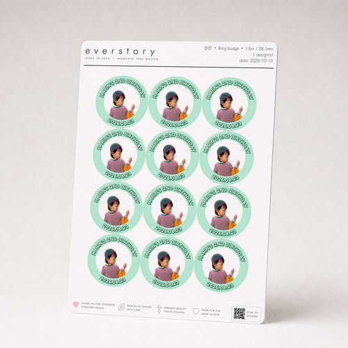 Design: Ring badge — an A5 sheet of twelve 1.5 inch round badges: a toddler's photo inside a mint ring reading HARIN'S 2ND BIRTHDAY and 2026.08.23