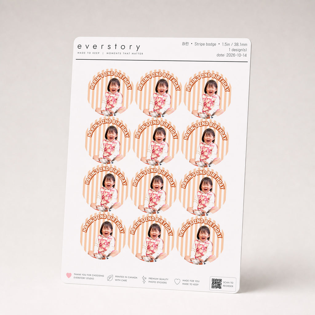 Design: Stripe badge — an A5 sheet of twelve 1.5 inch round badges: a toddler's photo on peach stripes with HARIN'S 2ND BIRTHDAY around the top